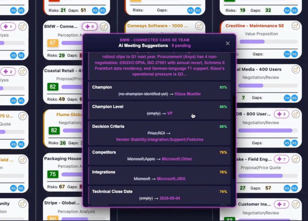 Elvance AI predictions summarising technical risk and next steps from a customer meeting
